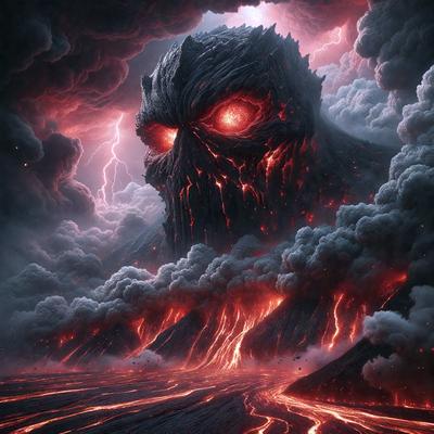 The primary subject of the image is a demonic-looking creature with glowing red eyes, standing on a volcanic landscape. The creature appears to be made of stone or a similar material, giving it a menacing and imposing presence. The setting is a dark, cloudy sky, which adds to the ominous atmosphere of the scene. The visual style of the image is a combination of digital art and illustration, creating a striking and dramatic scene. The dominant colors in the image are red and black, which further emphasize the demonic nature of the creature and the fiery landscape.